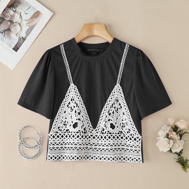 ZANZEA Women Casual Round Neck Short Sleeve Summer Patchwork T-Shirts