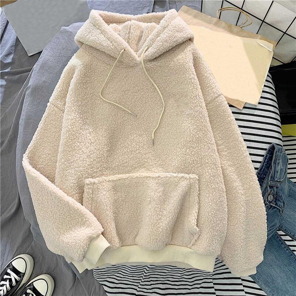 Women's Fashionable Solid Color Long Sleeved Hooded Sheep Warm Casual Hoodie Top
