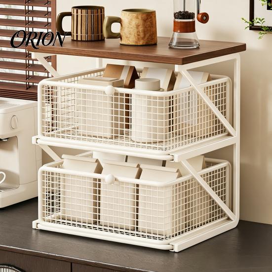 Dust Proof Storage Drawer Coffee Station Organizer with Drawer, Tiered Bar Organizer, Wooden Top Shelf, Small Desktop Furniture Wire Mesh Drawers for