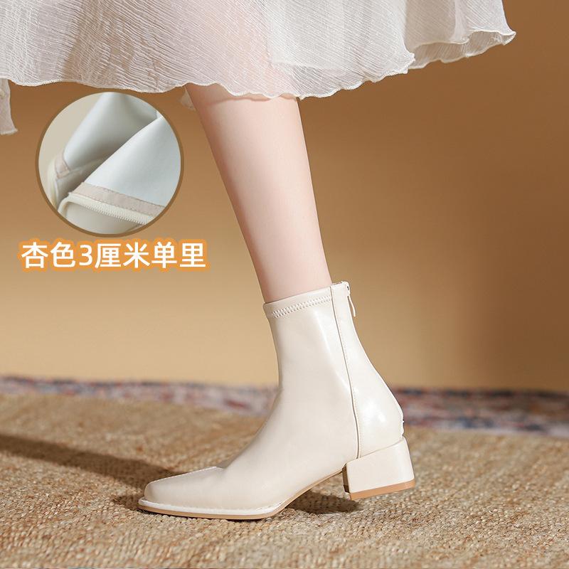 Leather thick heel high heel boots women's autumn and winter velvet new thin boots with skirt white short boots