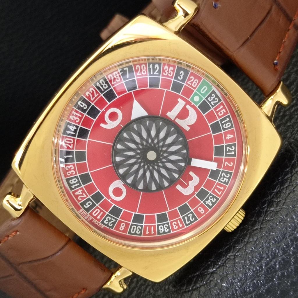 

VINTAGE HAND-WINDING SWISS MENS REFURBISHED ROULETTE RED DIAL WATCH a701109-5 R205b-a701109