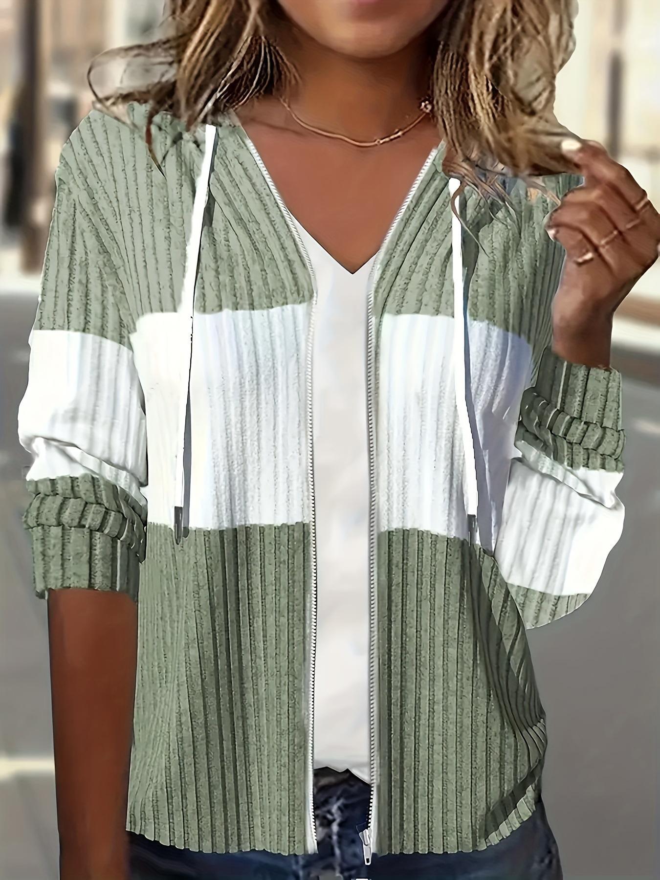 

Green and White Hooded Knit Cardigan, Casual Long Sleeve Open Front Sweater for Women S зелений
