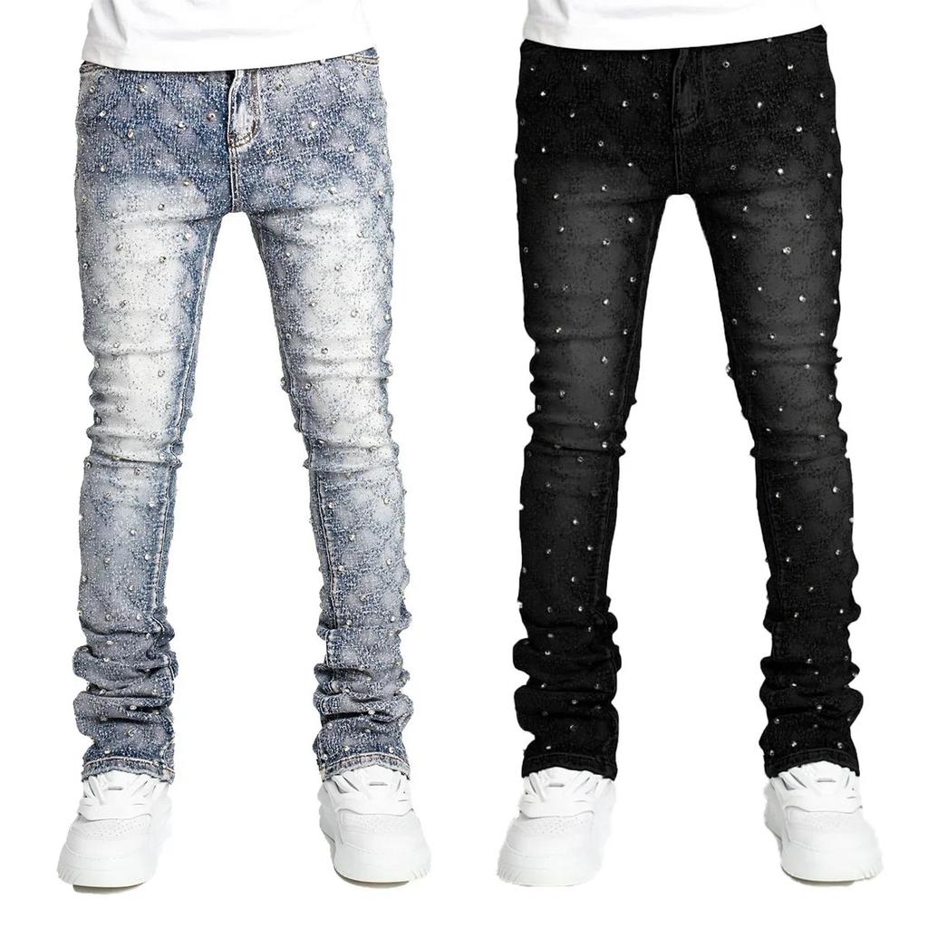 RogueWave Men Denim Fashion Individualistic Straight-leg Men Trousers European and American Fashion Elastic Pearl Denim Layered Long Pants
