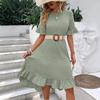 Vestido Midi A-line Doce Feminino Gola Redonda Manga Curta com Babados Textura Lisa Cintura Alta
