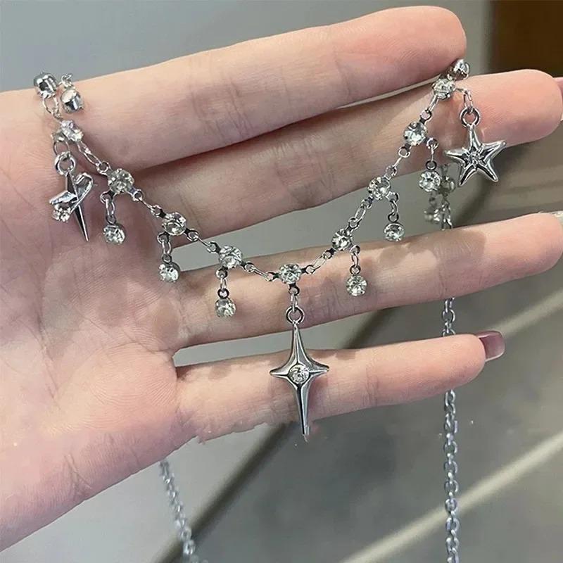 Изысканное Y2K Четырехконечная Звезда Ожерелье Регулируемое Сияющий Крест Кристалл Циркон Подвеска Ожерелья для Женщин Девочек Ожерелье Подарок