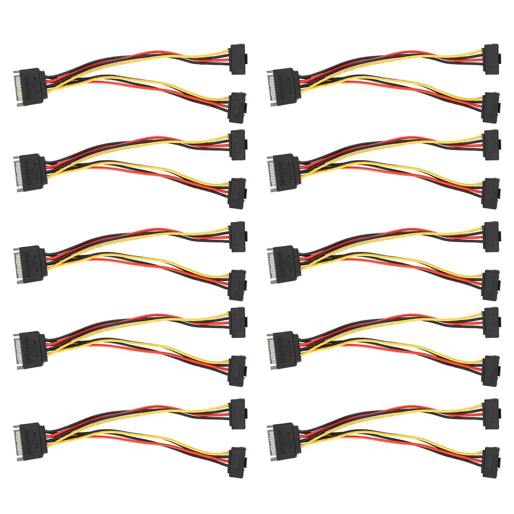10Pcs SATA Power Adapter 15pin 1 Male to 2 Female Right Angle Connector Mains Cord for Transfer Data Charge