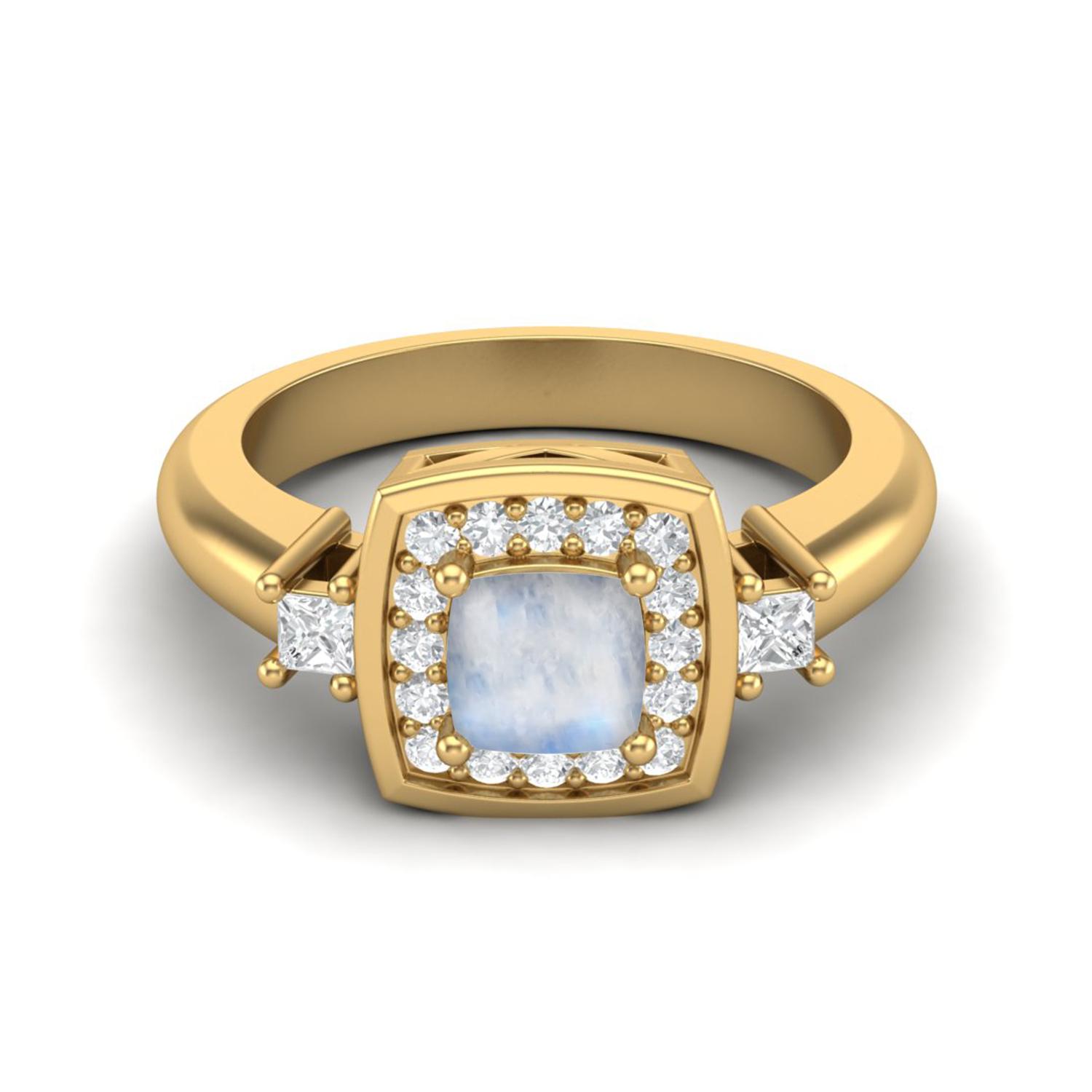 

5 MM Cushion Natural Moonstone 925 Sterling Silver Gold Vemreil Side Stone Women Wedding Bridal Ring 7