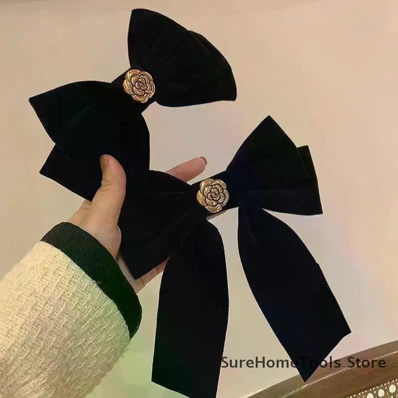 Nouvelles épingles à cheveux en velours noir avec nœud et ruban, élégantes pinces à cheveux camélia en tissu pour femmes, accessoires de coiffure tendance pour queue de cheval
