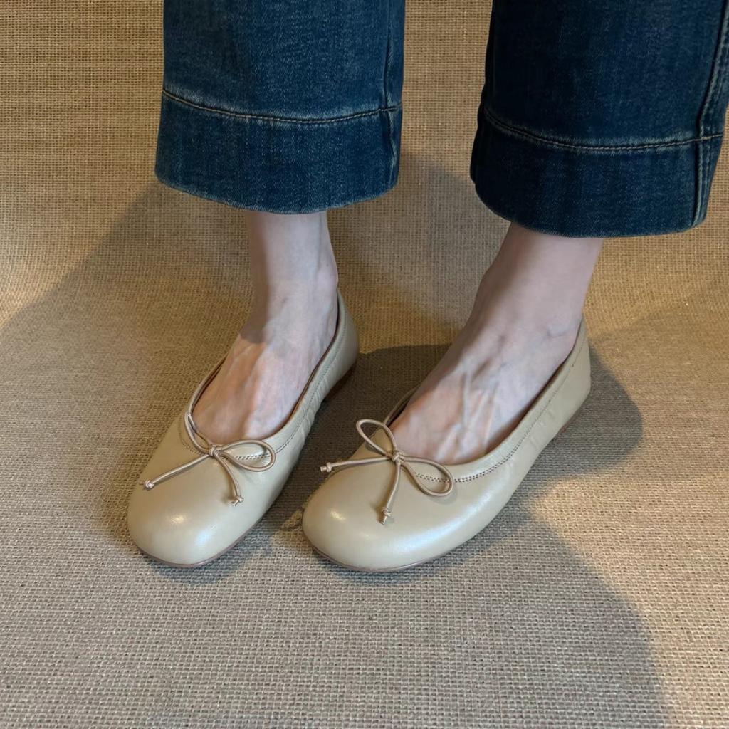 2025 new French ballet shallow mouth single shoes women's retro versatile bow one pedal round head Mary Jane shoes