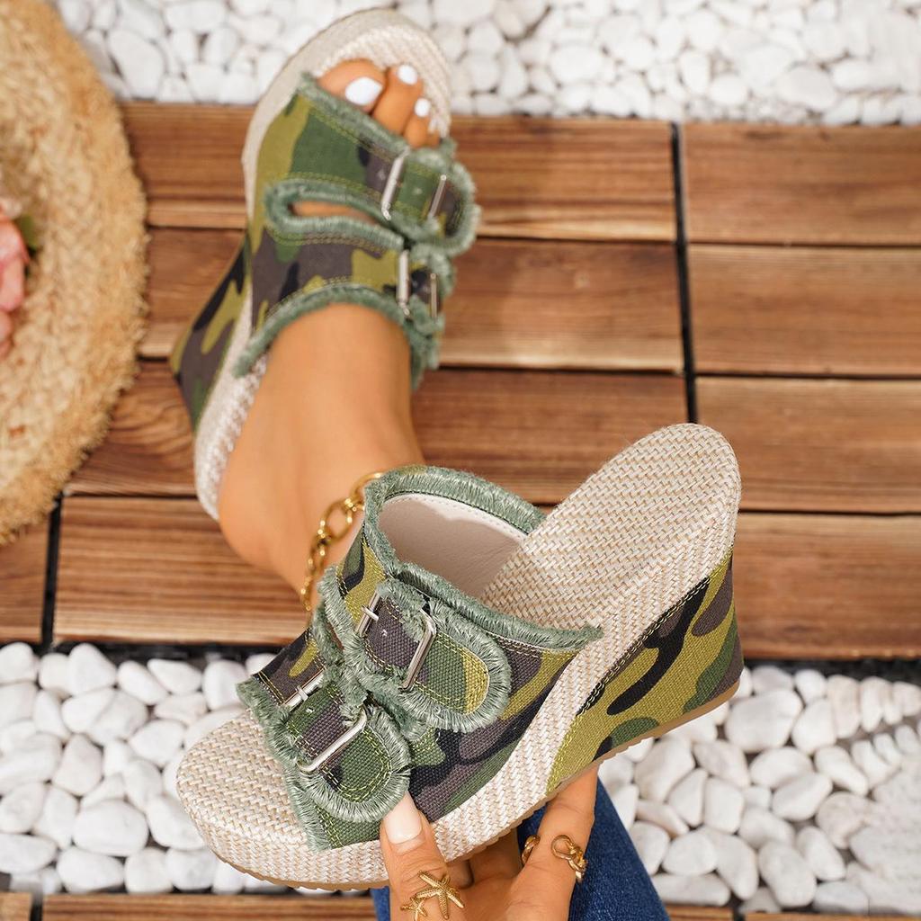 Sandales Compensées en Denim à Boucle pour Femmes Grande Taille à Enfiler - Été Extérieur Décontracté