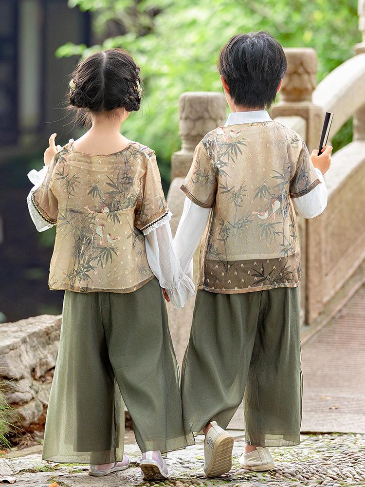Kids' Traditional Bamboo Leaf Tang Suit Set - Long Sleeve Hanfu for Spring & Autumn 2025