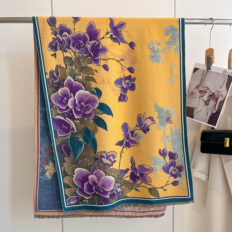 Autumn And Winter National Style Plants And Flowers Landscape Painting Elegant Women Warm Scarf Fashion Retro Shawl