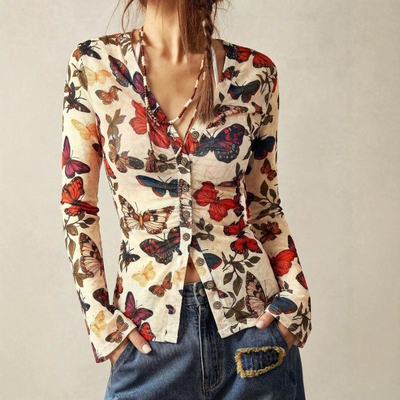 Women S V Neck Long Sleeve Butterfly Print Slim Fit Blouse