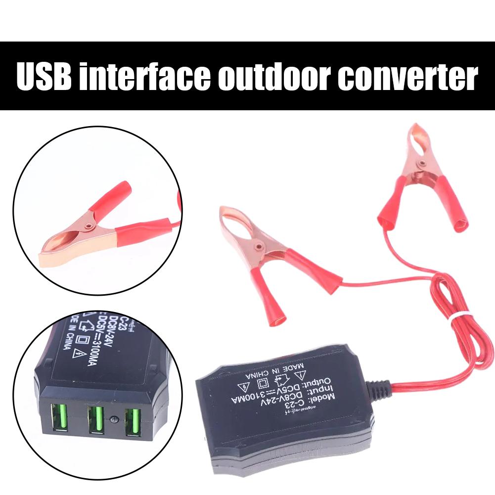 12V 24V To 5V 3USB Port Power Adapter With Battery Clip For Charging Cell Phone Emergency USB Power High Efficiency Tool