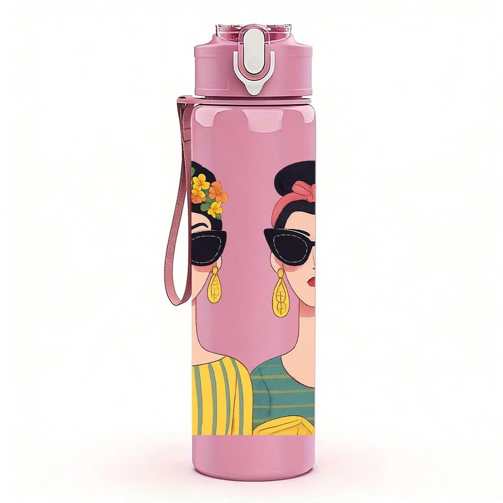 1PC Two Ladies Sunglasses Portrait 750ml Color Plastic Sports Water Bottle Leakproof Flip Straw Lid For Sports Office Home Use