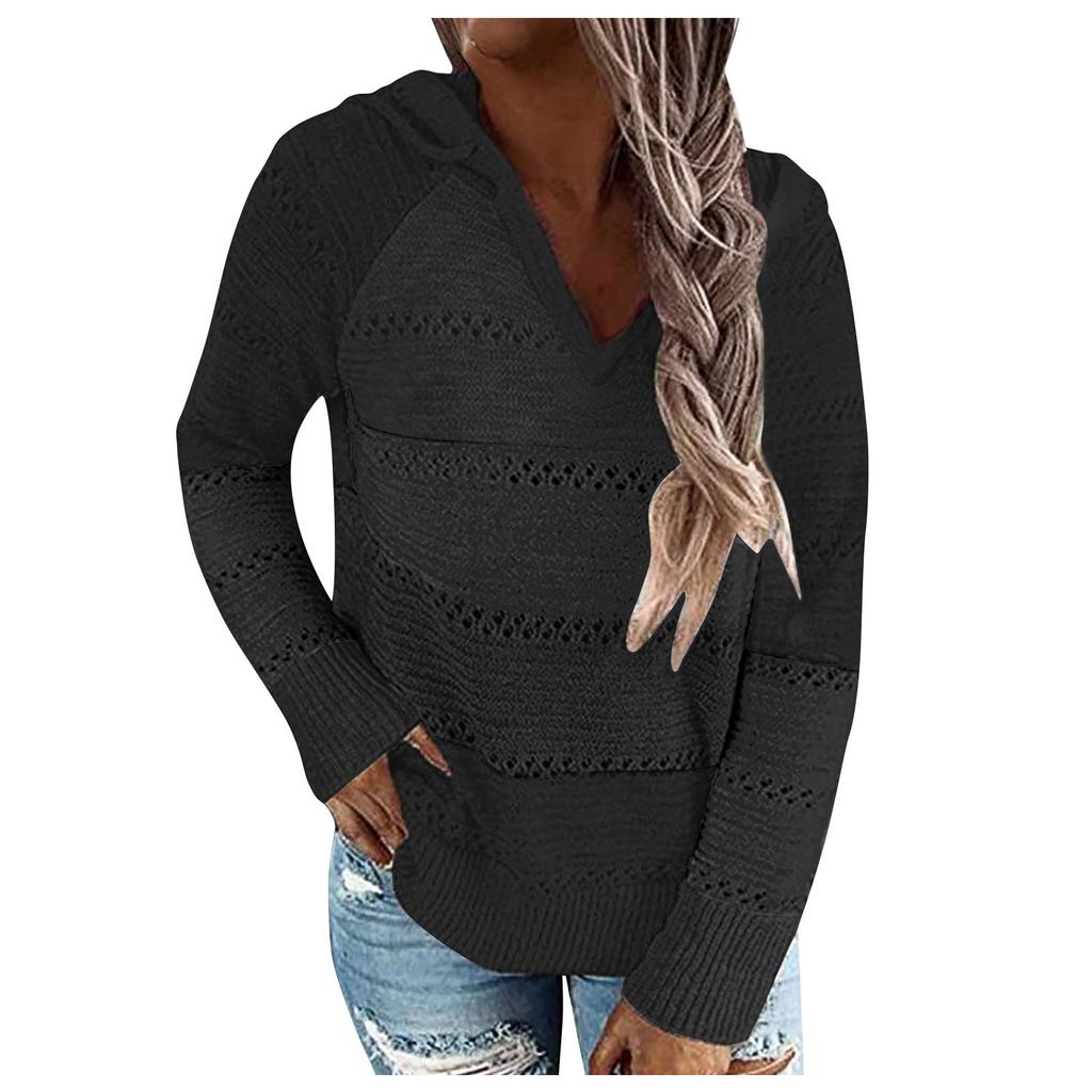 Fashion Women Casual Solid V-Neck Long Sleeves Hooded Sweater Blouse Tops