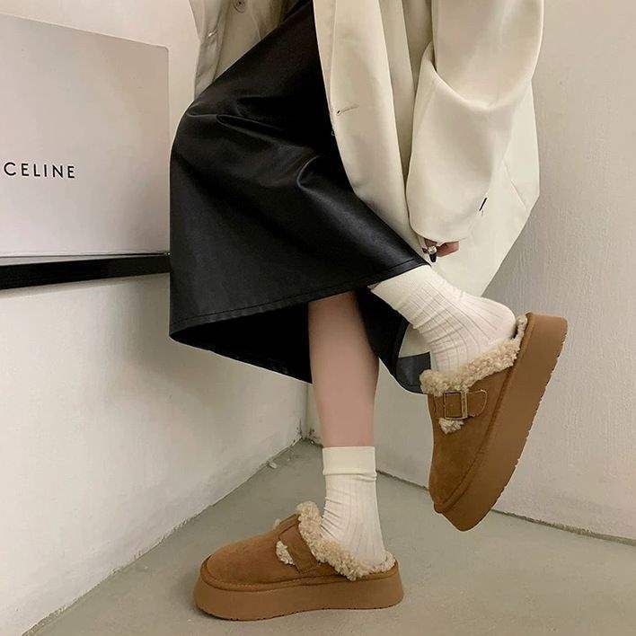 Tjock botten höjande en pedal väskhuvud Birkenstock lurviga halvtofflor dam höst och vinter ytterkläder sammet 2025 nya bomullstofflor