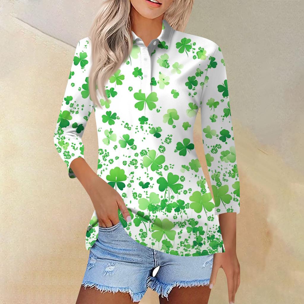 Women's Fashion Casual Lapel 3/4 Sleeve Print Shirt Women's Button Up Tops