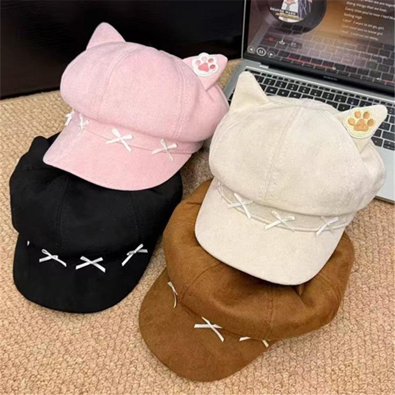 Cute cat ears star anise beret children autumn big head circumference showing face small painter hat duck tongue newsboy hat