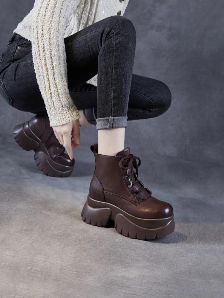 Johnature Plateau-Stiefeletten mit dicker Sohle zur Absatzvergrößerung, Damen, Echtes Leder