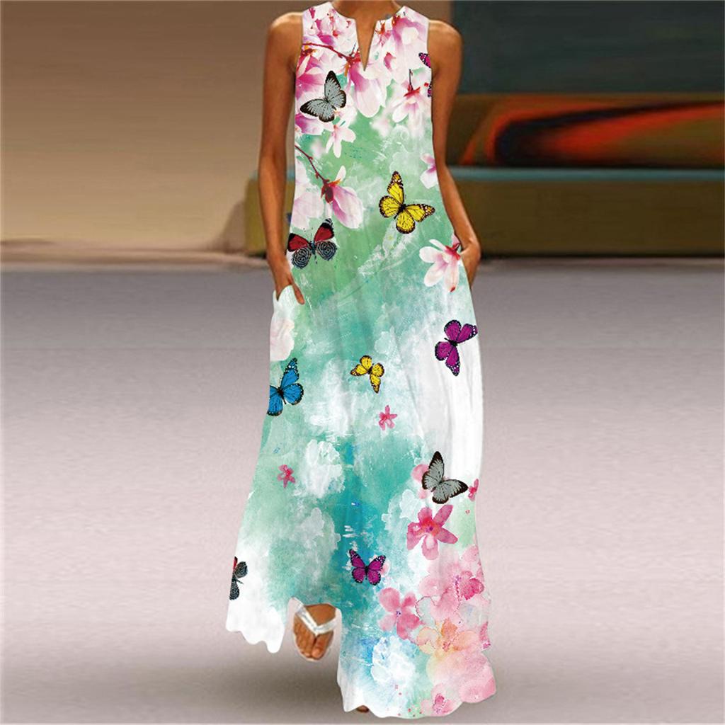 Sommer-Maxikleid für Damen, lässiger lockerer Maxirock für Damen, ärmellos, Blumendruck, Strand-Maxikleid mit Taschen, Faltenkleid, Baumwollkleid, Strandkleid