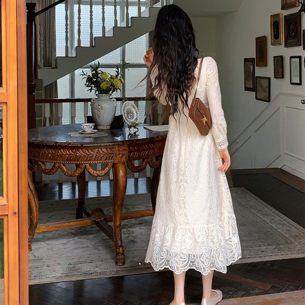 Elegant Crochet Lace Prom Party Dress Women's O Neck Long Sleeve Embroidery Flower Hollow Out A-Line Long Dress