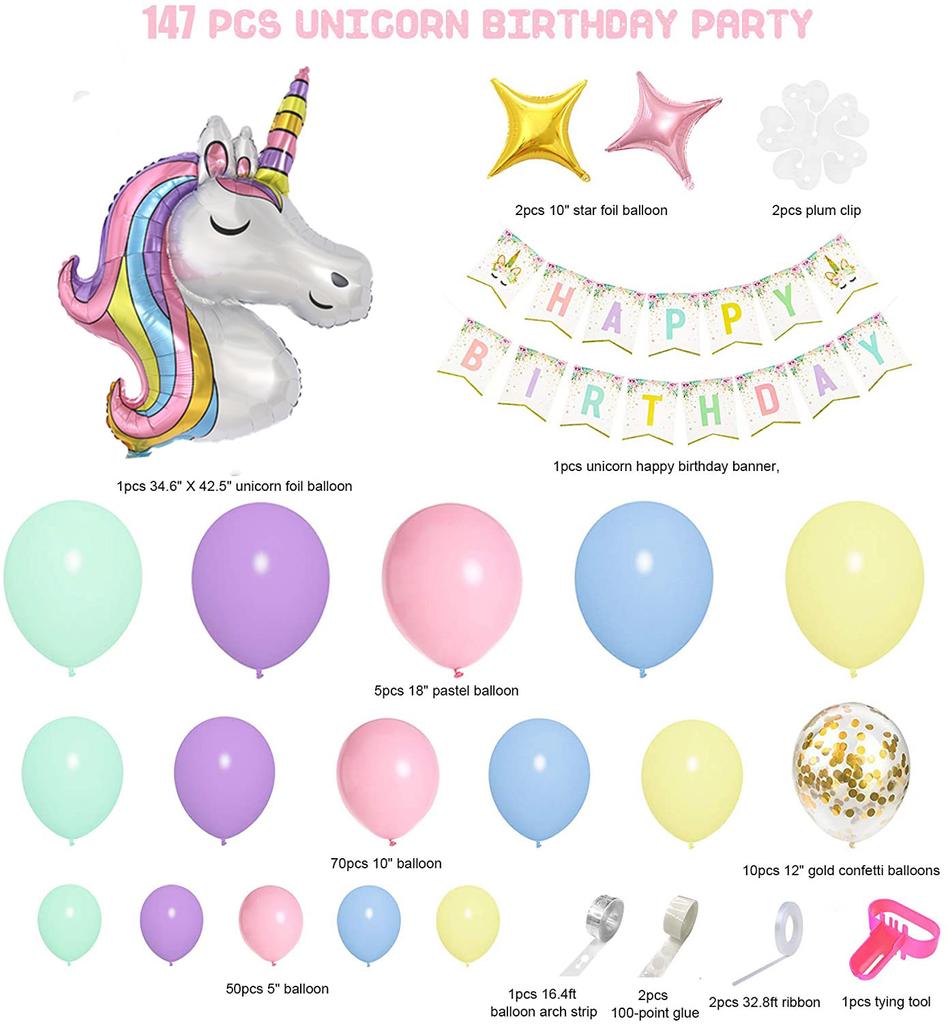147Pcs Unicorn Birthday Balloons Arch Garland Kit Happy Birthday Banner for Girls Unicorn Birthday Party Decorations Baby Shower