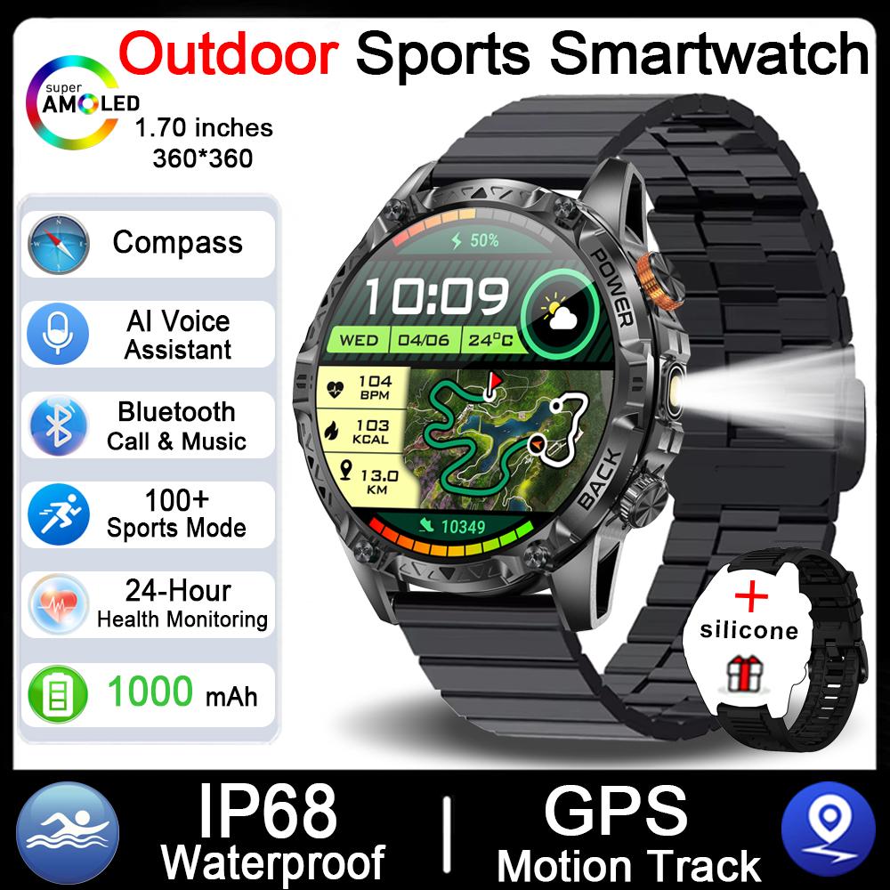 New 1000mAh Battery SmartWatch IP68 Waterproof Compass Bluetooth call 1.7"  HD Sports Flashlight Smart Watch For Men