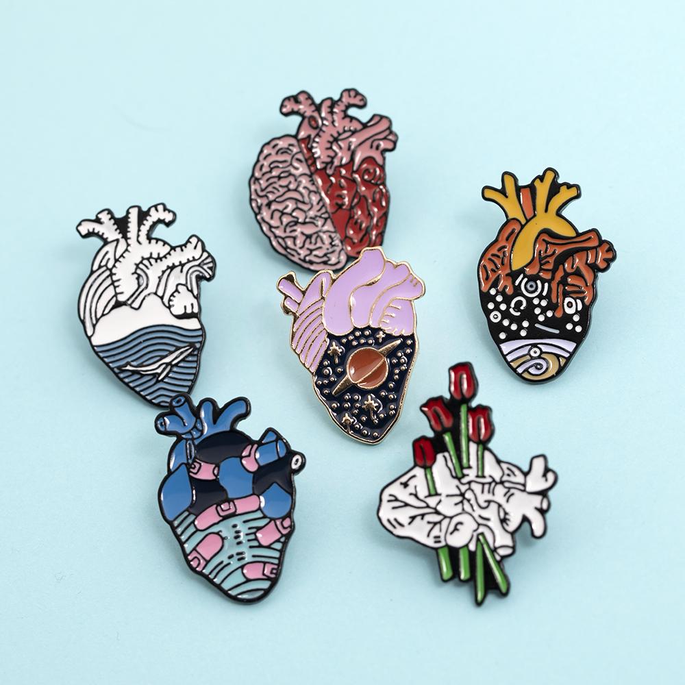 11 Styles Colorful Heart Shaped Enamel Brooches Funny Rose Space Ocean Eye Sea Wave Pattern Ticker Lapel Pins Heartbeat Badge