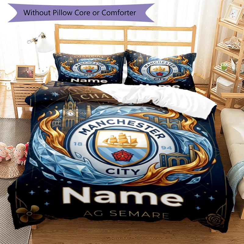 3pcs Duvet Cover Set (1*Duvet Cover + 2*Pillowcase, Without Core), Custom Name Manchester City Pattern Bedding Set, Home Bedroom Decor Gift