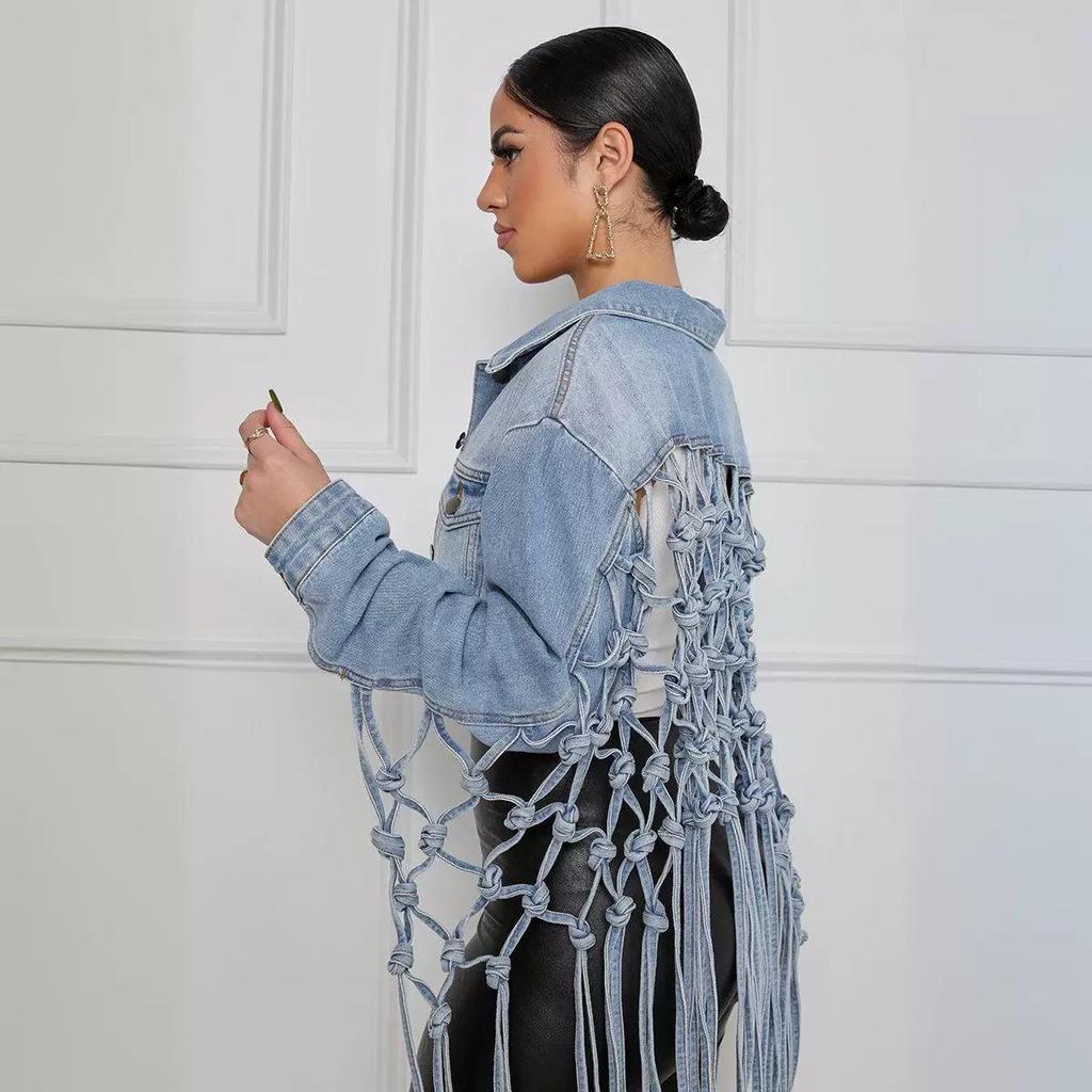 New Style Women's Denim Jacket with Back Mesh Fringe