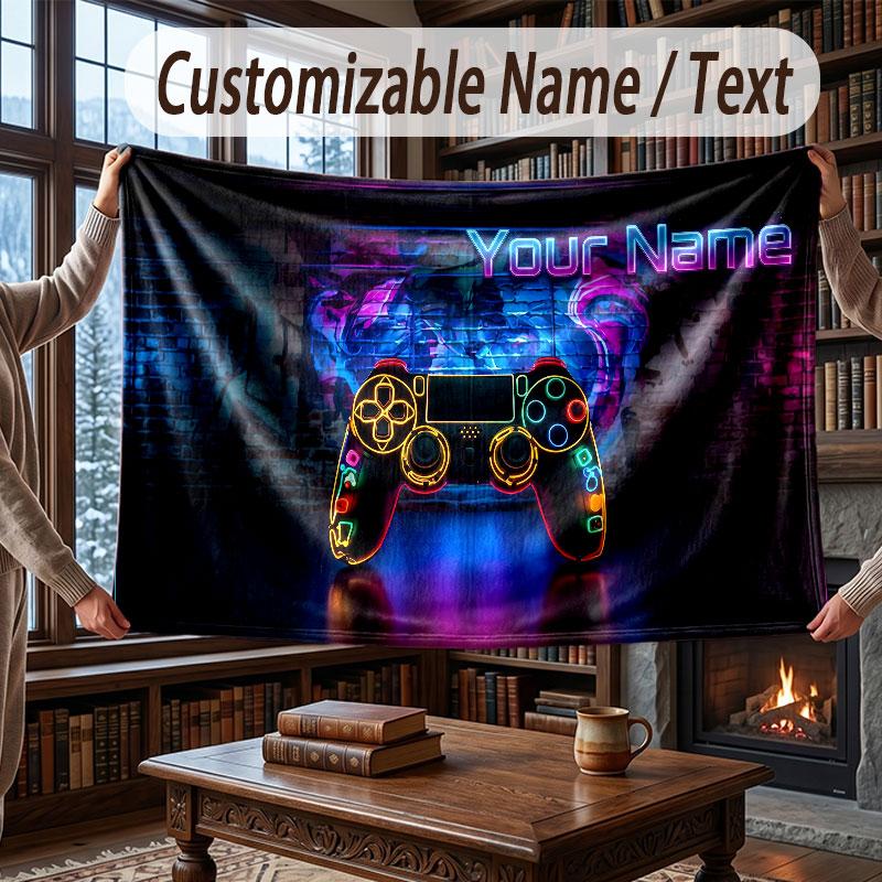 Game Controller Theme Throw Blanket Custom Name Text Personalized Blanket Soft Cozy Blanket for Home Sofa Bed