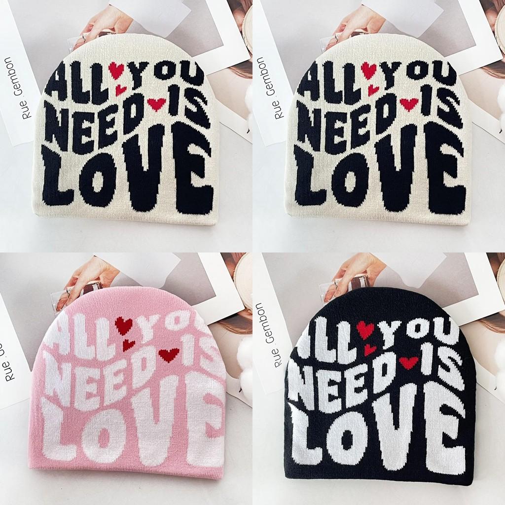 Simple Color Blocked Letter Heart Pattern Women Casual Warm Knitted Hat For Urban Outdoor Use