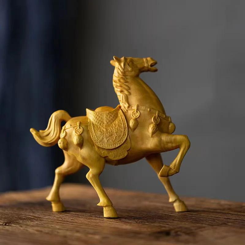 Natural Boxwood Animal horse statue Solid wood carving Suitable for home Room Office Desktop Art Deco accessories