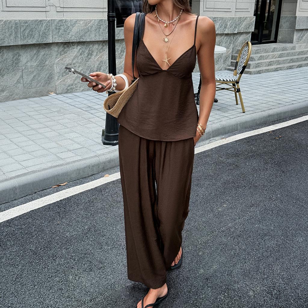 European And American Resort Style Hottie Suspender T-shirt Pants Suit Women's Clothing