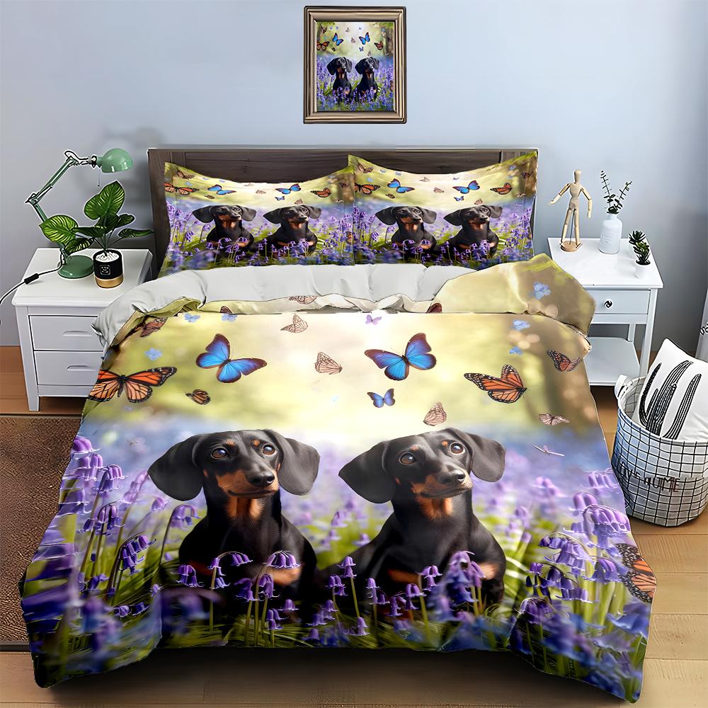 Dogs Butterflies Flowers Bedding Duvet Cover Sets Duvet Covers Pillowcases Gifts (1 * Duvet Cover 2 * Pillowcases, Without Duvet Insert)