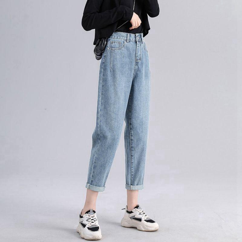 

Женские джинсы с высокой посадкой, черные и серые, весна и осень, прямые, брюки-харены L светло-синий