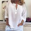 Women Shirt V-Neck Long Sleeve Loose Fit Solid Color Blouse Buttons Half