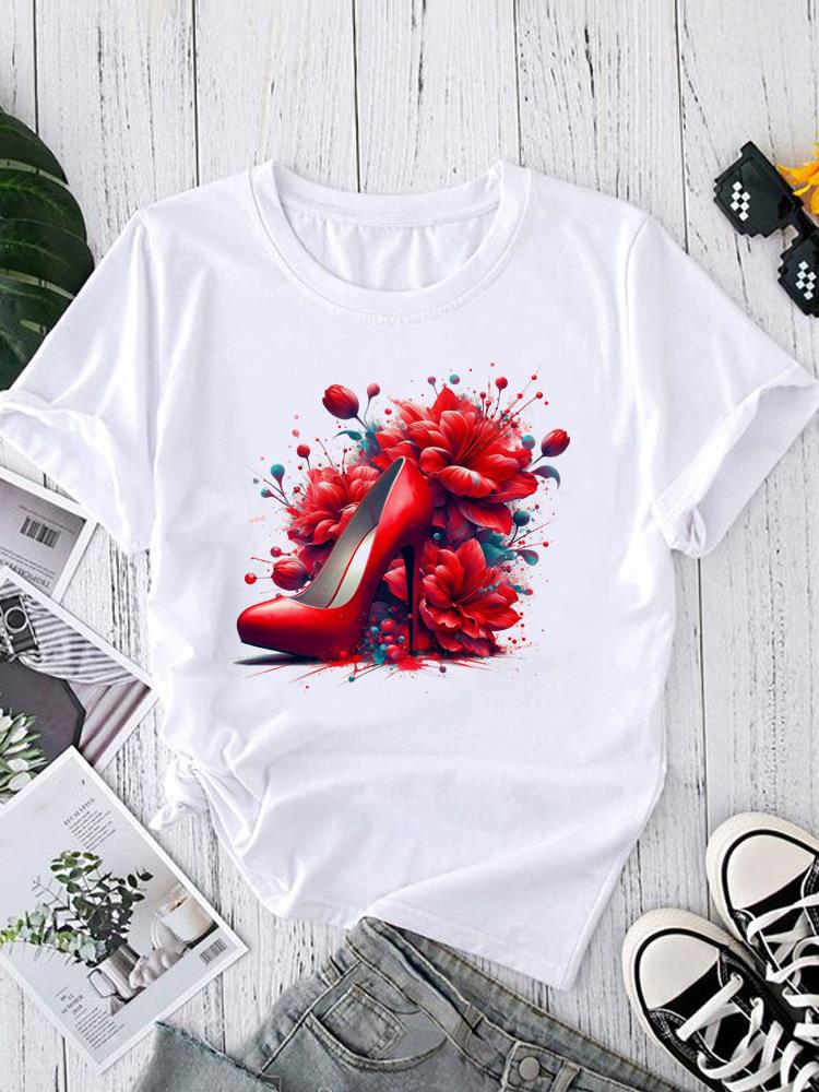 (Asian Size) O-neck Short Sleeve T-shirts Fashion Female Casual Clothing love heart flower Women's Top T shirt Printed Graphic Tee