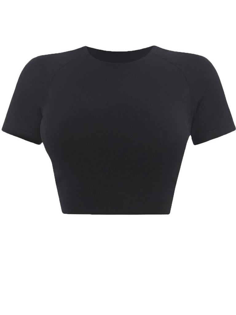 Seamless Knit Slimming Bodycon Yoga Top - Short Sleeve, Small Round Neck, Solid Color Fitness Wear