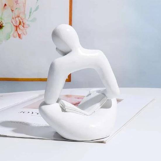 Moderne Leesbeeldje, Abstracte Denker Beeldhouwwerk, Kleine Lezend Boek Beeldje van Hars voor Woonkamer, Bureau, Boekenkast Woondecoratie