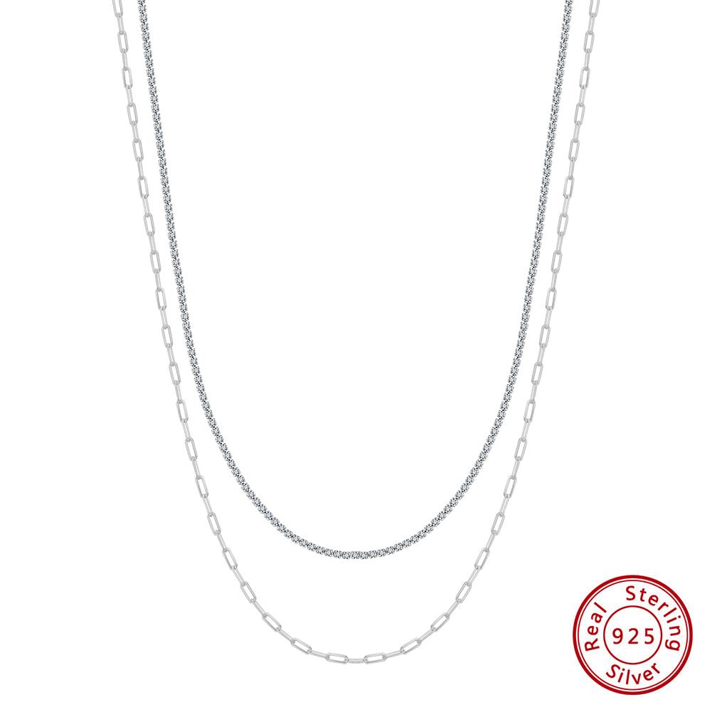EFFIE QUEEN 925 Sterling Silver Tennis Layered Chain Necklace Simple Paperclip Stacked Chain Choker Trendy Accessories BQN48