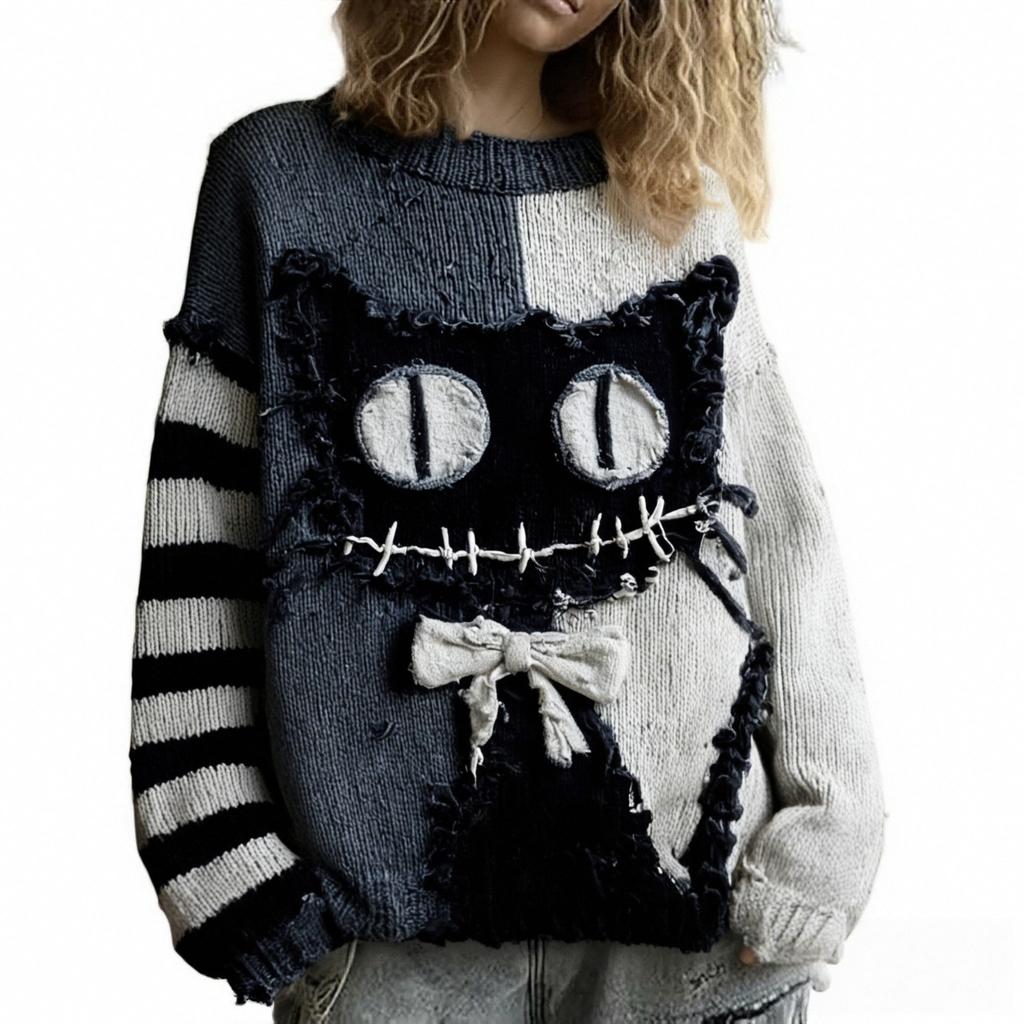 2025 Winter Women's Embroidered Oversized Sweater, Vintage Inspired Knit Pullover with Boho Chic Design, Loose Fit Comfortable Top for Casual Wear