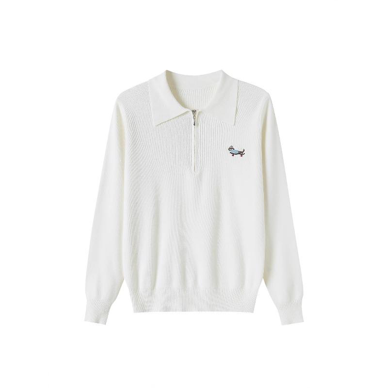 Spring and Autumn New Knitted Top Loose Lapel Bottom Shirt Thin Retro Embroidered Polo Neck Long Sleeve