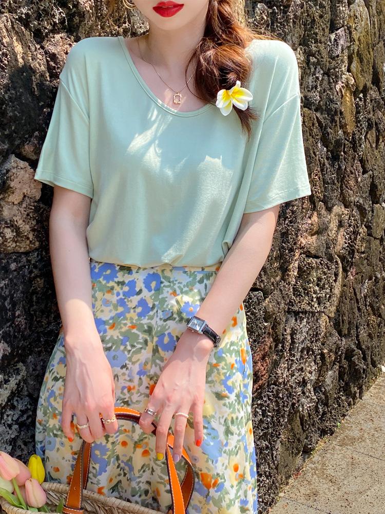 

Футболка с короткими рукавами из модального хлопка и маски для женщин, новая футболка с V-образным вырезом, топ из ледяного шелка, летняя зеленая, с короткими рукавами XL