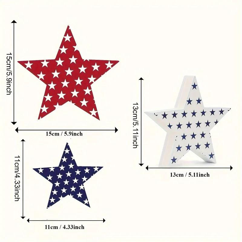 3Pcs/set Patriotic Wooden Star Decor Home Decor Tabletop Ornament Party Table Decor American Flag Design Laser Cut Decorations