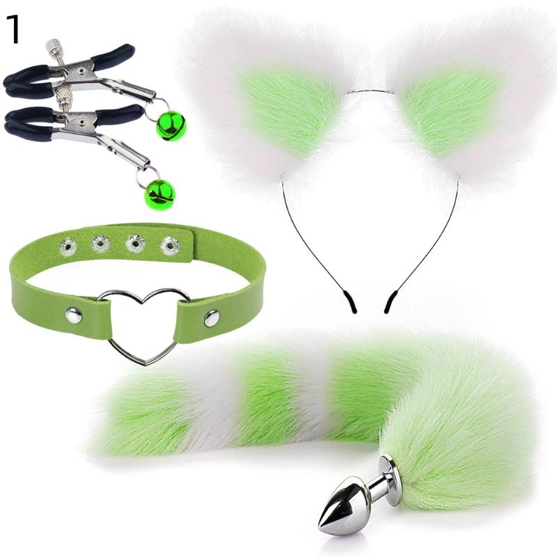 4Pcs/Set Cute Fox Tail Anal Plug Cat Ears Headbands Set Nipple Clip Neck Collar Cosplay Sex Toys For Women