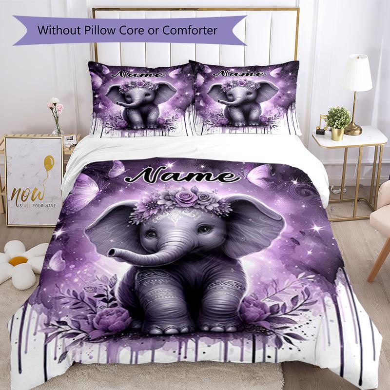 Purple Elephant Customize Your Name Bedding Set Breathable Duvet Cover With Pillowcases Decorative Bed Linen For Bedroom Home Decoration Birthday Gift