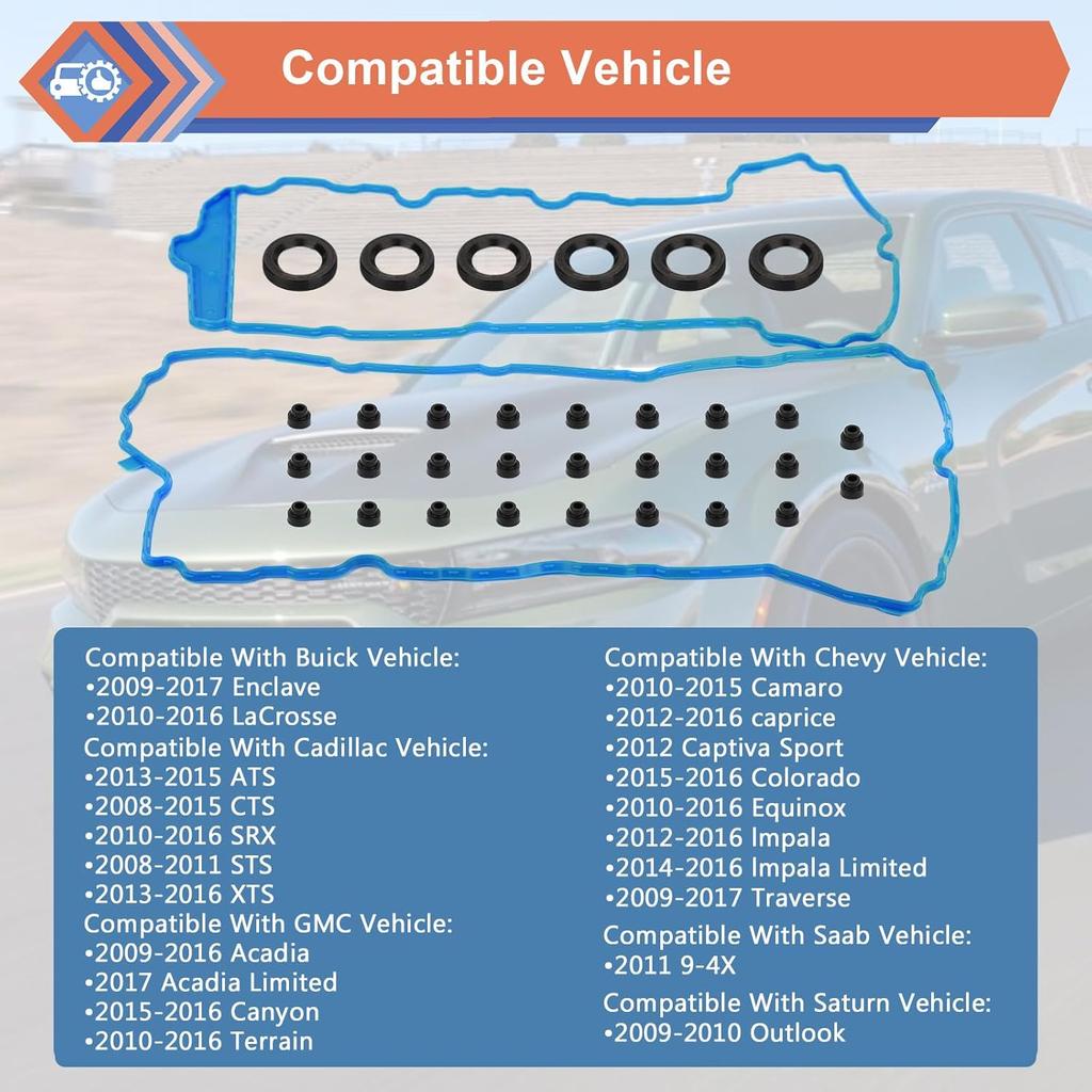 Engine Valve Cover Gasket Set Compatible With Buick Cadillac Chevy GMC Vehicle 2008-2017 Lacrosse Enclave, CTS XTS STS ATS, Impala Traverse Equinox