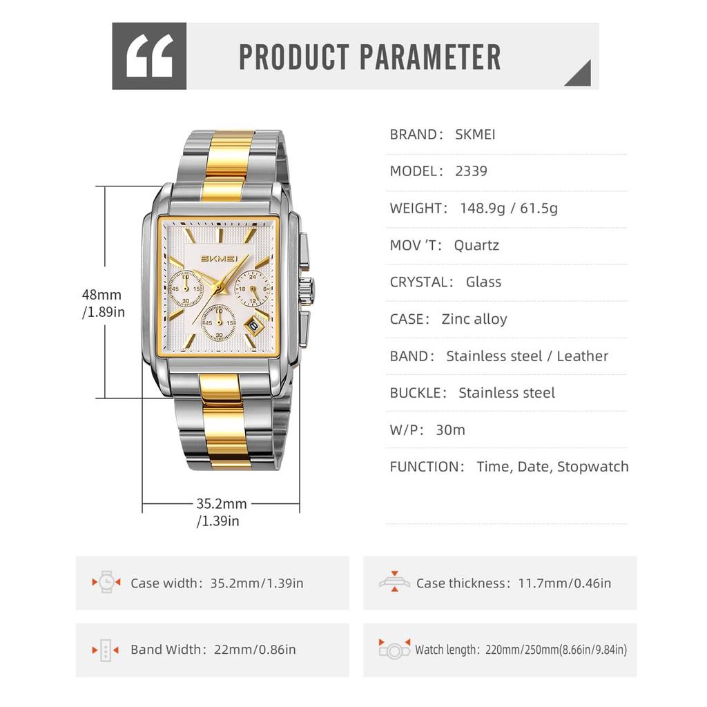 SKMEI Square Watch Stylish Silver Stainless Steel Arm Watch Waterproof Analog Business Casual Chronograph Watch Luxury Gift White Wach for Men Men's